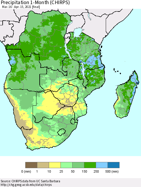 Southern Africa Precipitation 1-Month (CHIRPS) Thematic Map For 3/16/2021 - 4/15/2021