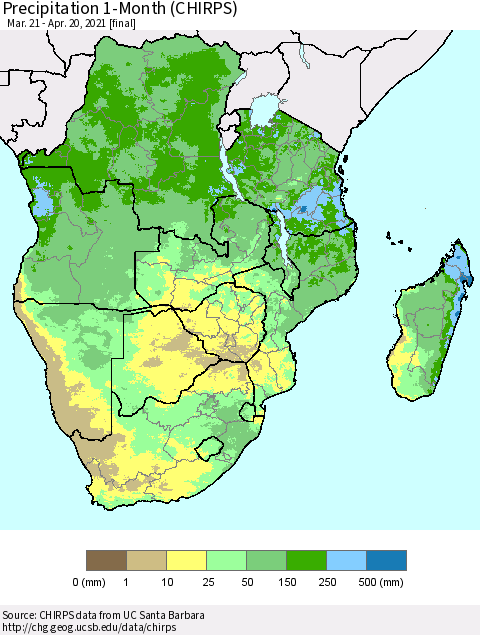 Southern Africa Precipitation 1-Month (CHIRPS) Thematic Map For 3/21/2021 - 4/20/2021