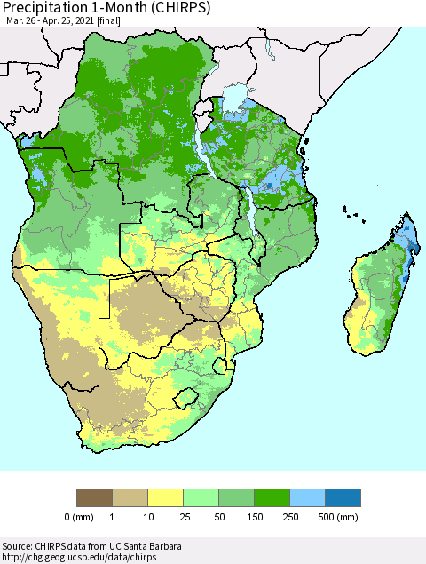 Southern Africa Precipitation 1-Month (CHIRPS) Thematic Map For 3/26/2021 - 4/25/2021
