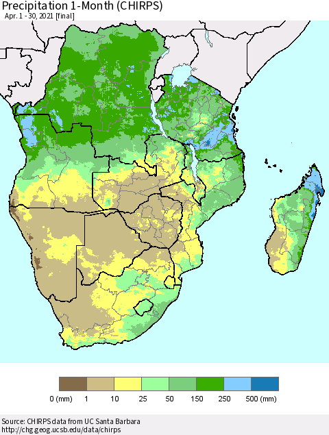 Southern Africa Precipitation 1-Month (CHIRPS) Thematic Map For 4/1/2021 - 4/30/2021