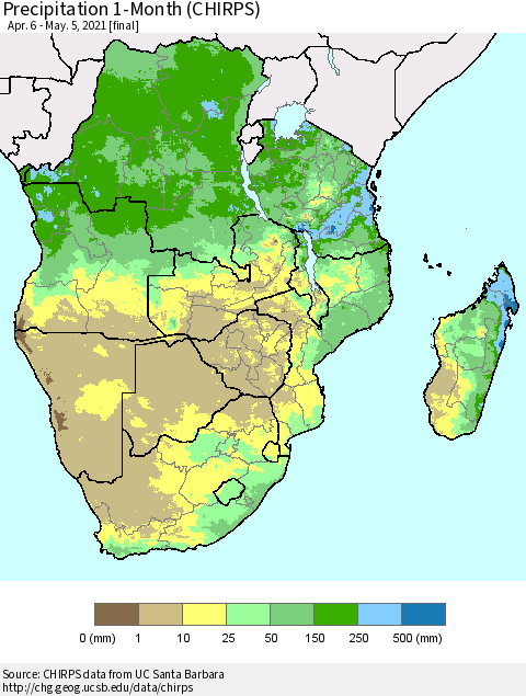 Southern Africa Precipitation 1-Month (CHIRPS) Thematic Map For 4/6/2021 - 5/5/2021