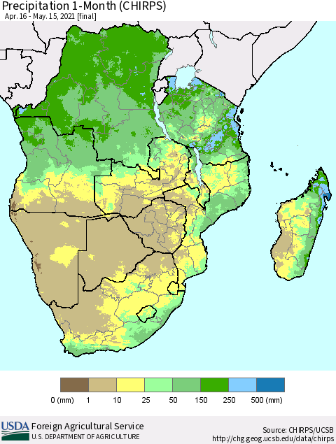 Southern Africa Precipitation 1-Month (CHIRPS) Thematic Map For 4/16/2021 - 5/15/2021