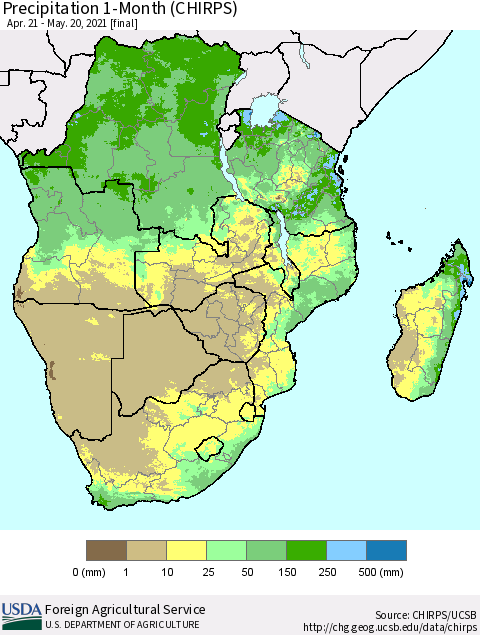 Southern Africa Precipitation 1-Month (CHIRPS) Thematic Map For 4/21/2021 - 5/20/2021