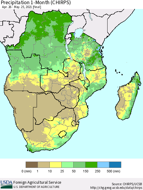 Southern Africa Precipitation 1-Month (CHIRPS) Thematic Map For 4/26/2021 - 5/25/2021