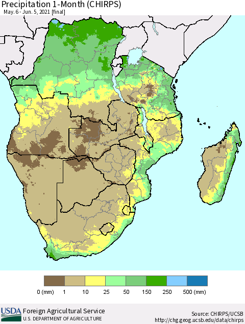 Southern Africa Precipitation 1-Month (CHIRPS) Thematic Map For 5/6/2021 - 6/5/2021