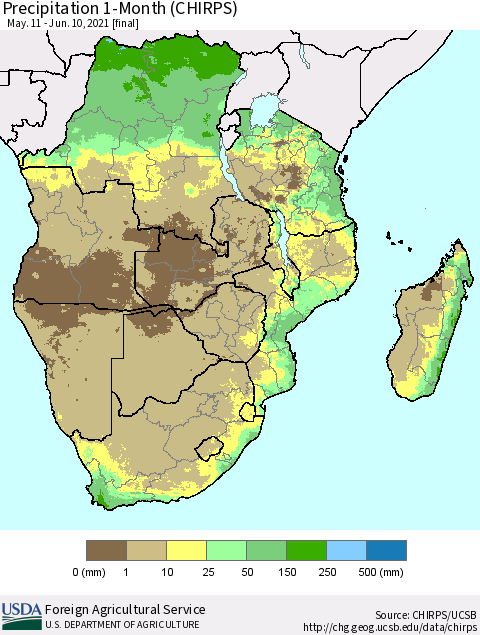 Southern Africa Precipitation 1-Month (CHIRPS) Thematic Map For 5/11/2021 - 6/10/2021