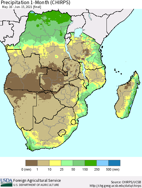 Southern Africa Precipitation 1-Month (CHIRPS) Thematic Map For 5/16/2021 - 6/15/2021