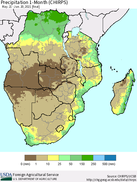 Southern Africa Precipitation 1-Month (CHIRPS) Thematic Map For 5/21/2021 - 6/20/2021