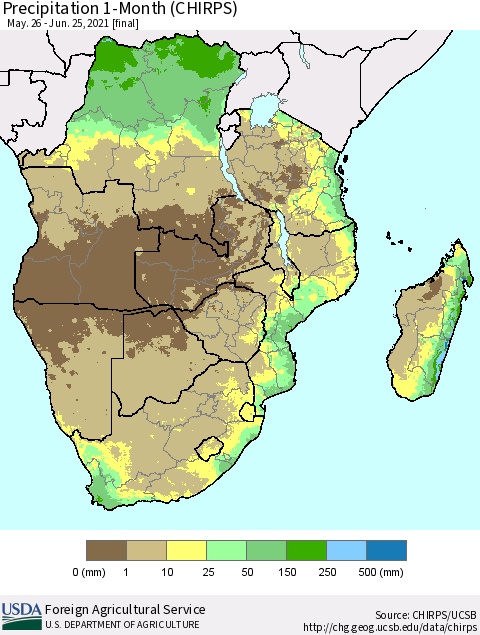 Southern Africa Precipitation 1-Month (CHIRPS) Thematic Map For 5/26/2021 - 6/25/2021