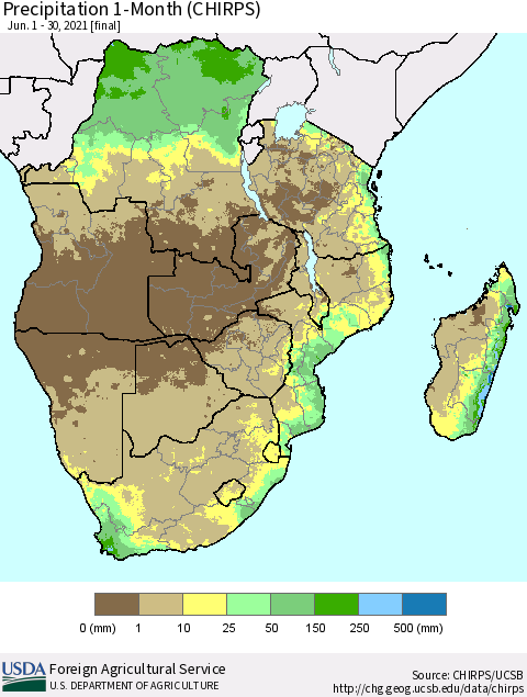 Southern Africa Precipitation 1-Month (CHIRPS) Thematic Map For 6/1/2021 - 6/30/2021