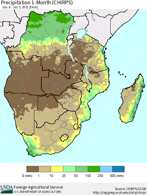 Southern Africa Precipitation 1-Month (CHIRPS) Thematic Map For 6/6/2021 - 7/5/2021