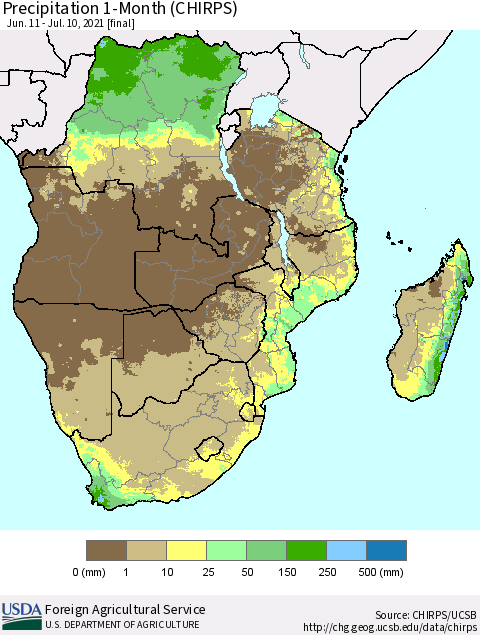 Southern Africa Precipitation 1-Month (CHIRPS) Thematic Map For 6/11/2021 - 7/10/2021
