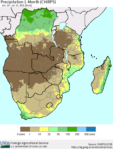 Southern Africa Precipitation 1-Month (CHIRPS) Thematic Map For 6/16/2021 - 7/15/2021