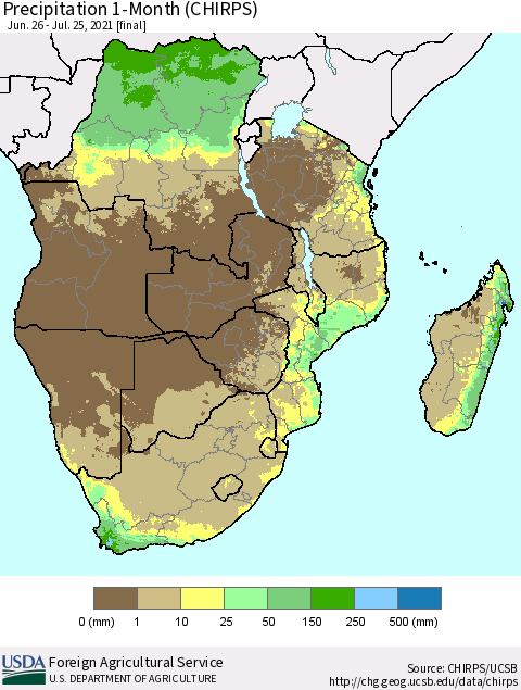 Southern Africa Precipitation 1-Month (CHIRPS) Thematic Map For 6/26/2021 - 7/25/2021