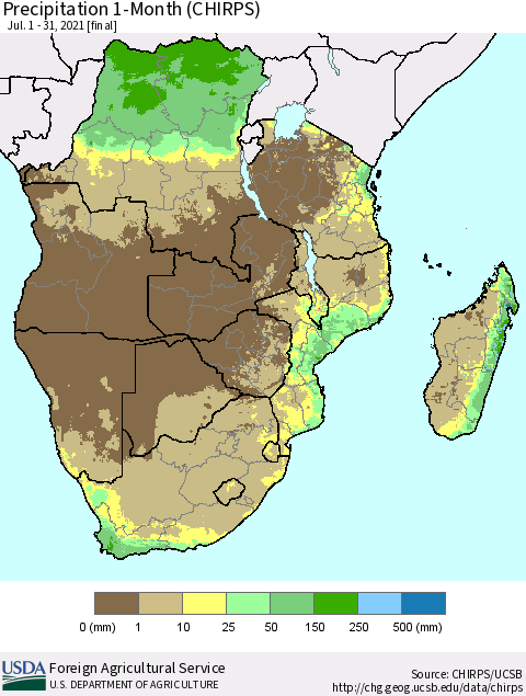 Southern Africa Precipitation 1-Month (CHIRPS) Thematic Map For 7/1/2021 - 7/31/2021