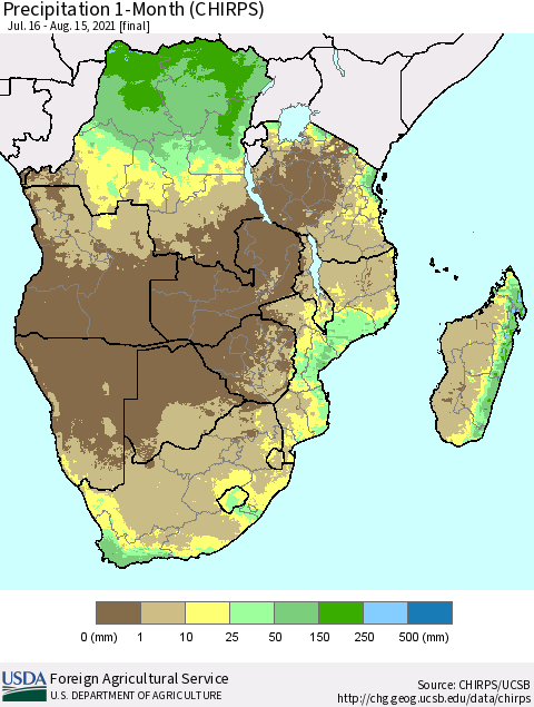 Southern Africa Precipitation 1-Month (CHIRPS) Thematic Map For 7/16/2021 - 8/15/2021