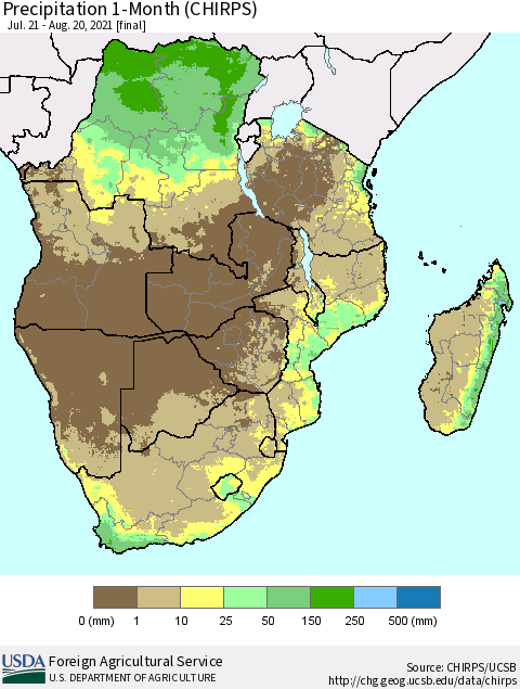Southern Africa Precipitation 1-Month (CHIRPS) Thematic Map For 7/21/2021 - 8/20/2021