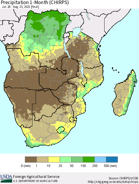 Southern Africa Precipitation 1-Month (CHIRPS) Thematic Map For 7/26/2021 - 8/25/2021