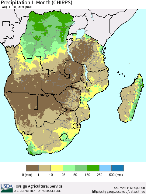 Southern Africa Precipitation 1-Month (CHIRPS) Thematic Map For 8/1/2021 - 8/31/2021