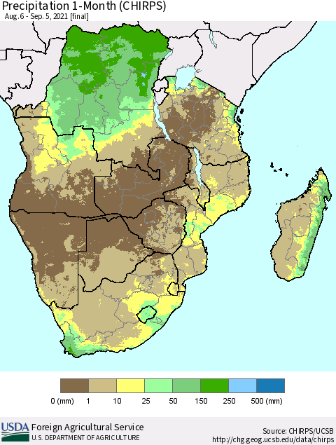 Southern Africa Precipitation 1-Month (CHIRPS) Thematic Map For 8/6/2021 - 9/5/2021