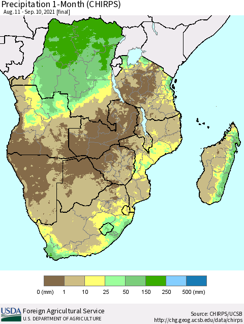 Southern Africa Precipitation 1-Month (CHIRPS) Thematic Map For 8/11/2021 - 9/10/2021