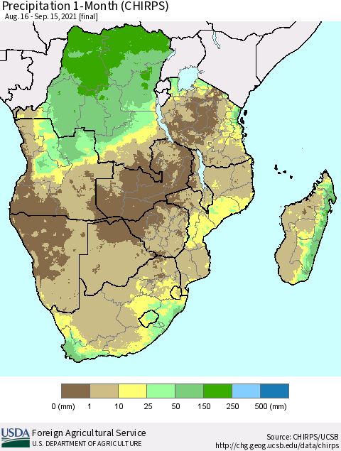 Southern Africa Precipitation 1-Month (CHIRPS) Thematic Map For 8/16/2021 - 9/15/2021