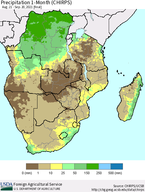 Southern Africa Precipitation 1-Month (CHIRPS) Thematic Map For 8/21/2021 - 9/20/2021