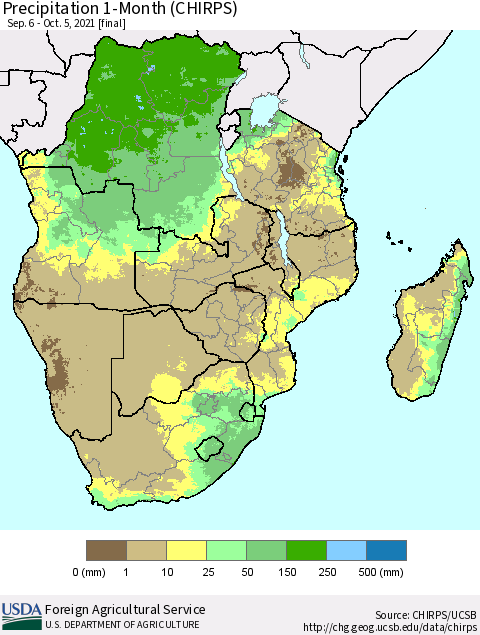 Southern Africa Precipitation 1-Month (CHIRPS) Thematic Map For 9/6/2021 - 10/5/2021