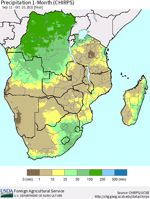 Southern Africa Precipitation 1-Month (CHIRPS) Thematic Map For 9/11/2021 - 10/10/2021
