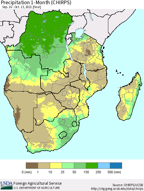 Southern Africa Precipitation 1-Month (CHIRPS) Thematic Map For 9/16/2021 - 10/15/2021
