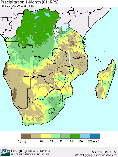 Southern Africa Precipitation 1-Month (CHIRPS) Thematic Map For 9/21/2021 - 10/20/2021