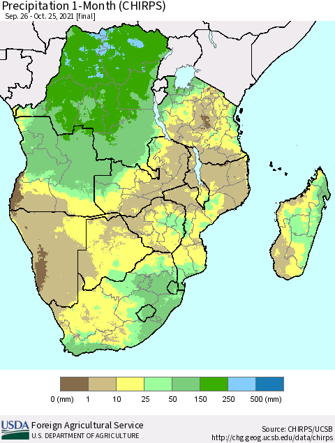 Southern Africa Precipitation 1-Month (CHIRPS) Thematic Map For 9/26/2021 - 10/25/2021
