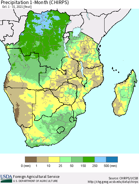 Southern Africa Precipitation 1-Month (CHIRPS) Thematic Map For 10/1/2021 - 10/31/2021