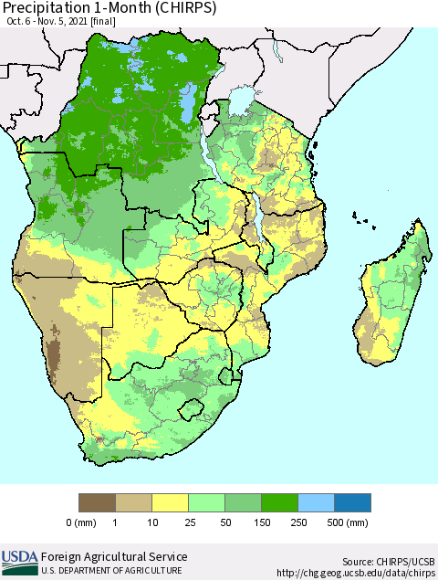 Southern Africa Precipitation 1-Month (CHIRPS) Thematic Map For 10/6/2021 - 11/5/2021