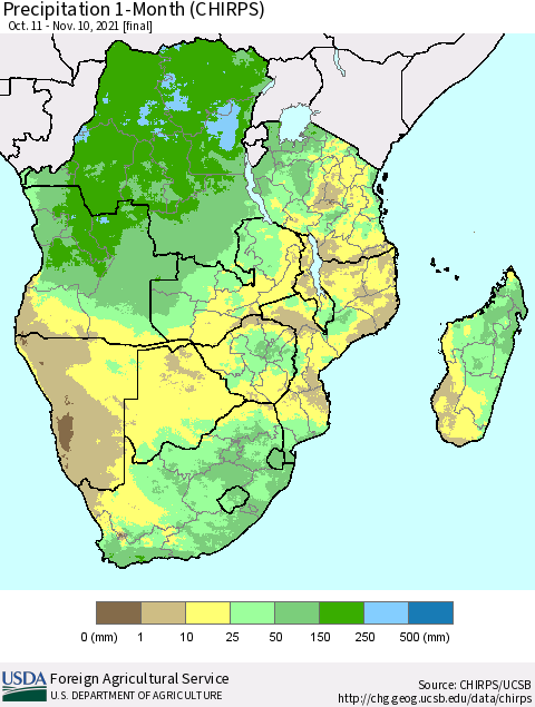 Southern Africa Precipitation 1-Month (CHIRPS) Thematic Map For 10/11/2021 - 11/10/2021