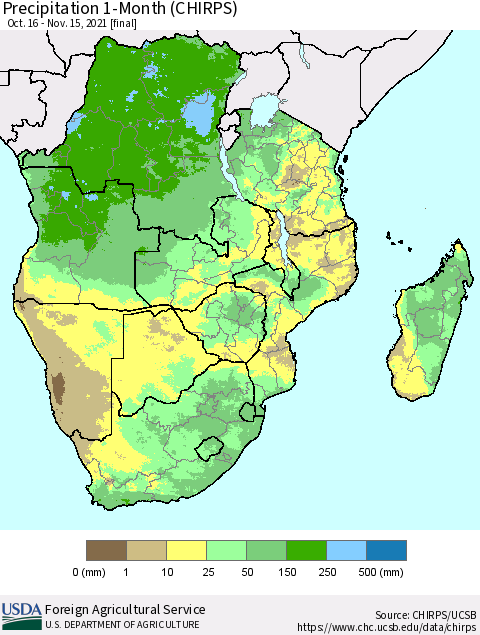 Southern Africa Precipitation 1-Month (CHIRPS) Thematic Map For 10/16/2021 - 11/15/2021