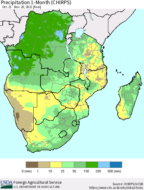 Southern Africa Precipitation 1-Month (CHIRPS) Thematic Map For 10/21/2021 - 11/20/2021