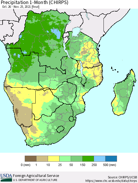 Southern Africa Precipitation 1-Month (CHIRPS) Thematic Map For 10/26/2021 - 11/25/2021