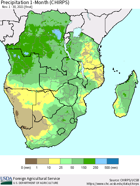 Southern Africa Precipitation 1-Month (CHIRPS) Thematic Map For 11/1/2021 - 11/30/2021