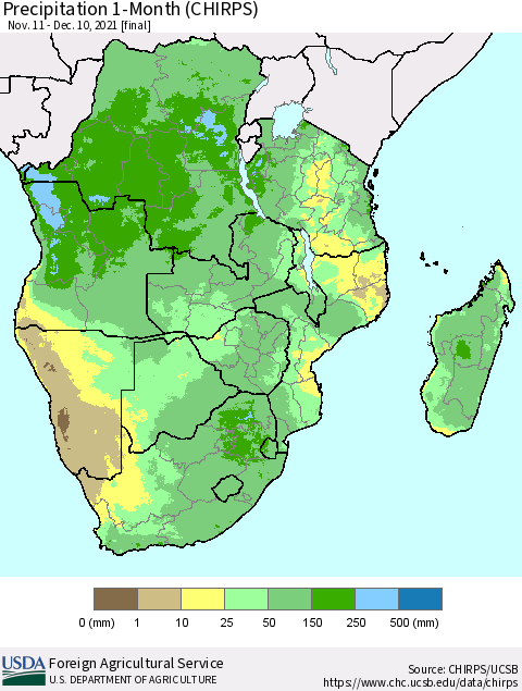 Southern Africa Precipitation 1-Month (CHIRPS) Thematic Map For 11/11/2021 - 12/10/2021