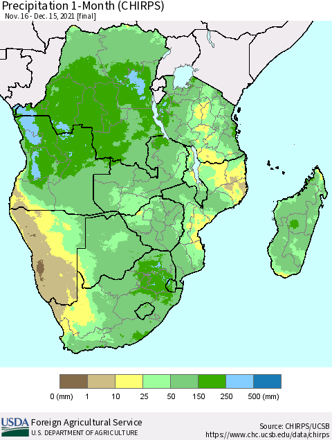 Southern Africa Precipitation 1-Month (CHIRPS) Thematic Map For 11/16/2021 - 12/15/2021