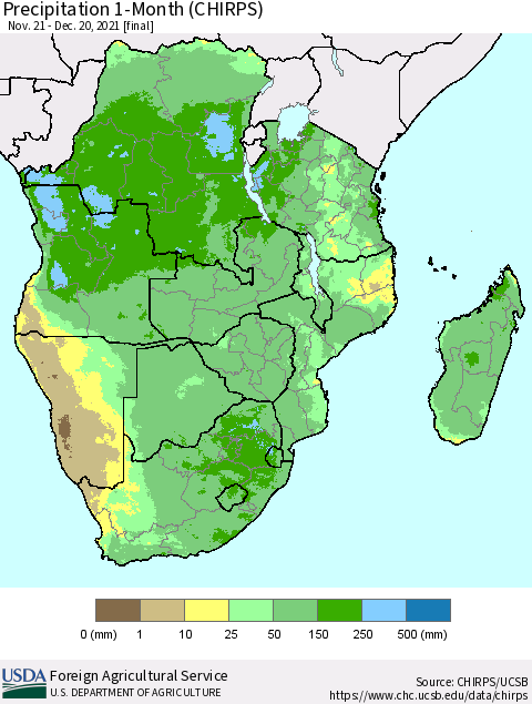 Southern Africa Precipitation 1-Month (CHIRPS) Thematic Map For 11/21/2021 - 12/20/2021