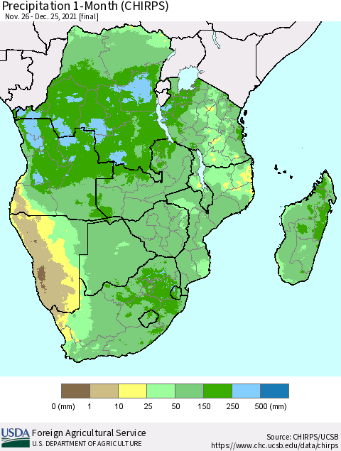 Southern Africa Precipitation 1-Month (CHIRPS) Thematic Map For 11/26/2021 - 12/25/2021
