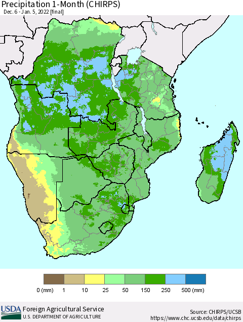 Southern Africa Precipitation 1-Month (CHIRPS) Thematic Map For 12/6/2021 - 1/5/2022