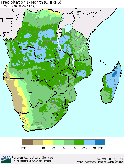 Southern Africa Precipitation 1-Month (CHIRPS) Thematic Map For 12/11/2021 - 1/10/2022