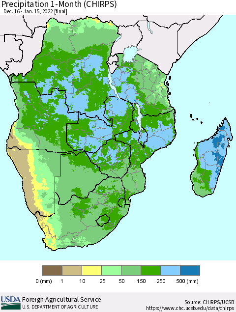Southern Africa Precipitation 1-Month (CHIRPS) Thematic Map For 12/16/2021 - 1/15/2022