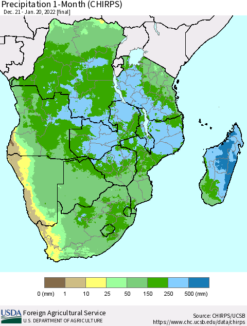 Southern Africa Precipitation 1-Month (CHIRPS) Thematic Map For 12/21/2021 - 1/20/2022