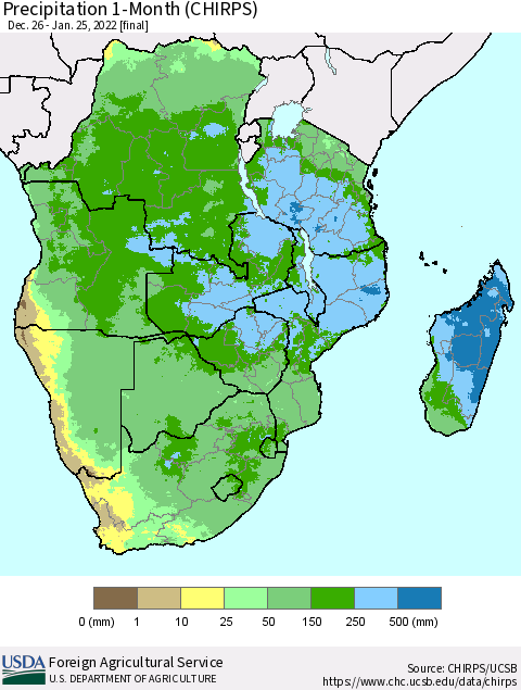 Southern Africa Precipitation 1-Month (CHIRPS) Thematic Map For 12/26/2021 - 1/25/2022