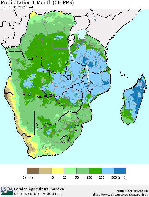 Southern Africa Precipitation 1-Month (CHIRPS) Thematic Map For 1/1/2022 - 1/31/2022