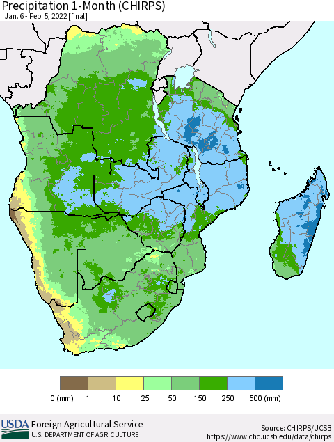 Southern Africa Precipitation 1-Month (CHIRPS) Thematic Map For 1/6/2022 - 2/5/2022